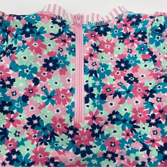 Ruffle Butts Pink Sun Hat and Pink Floral Long Sleeve Swim Suit Infant Baby - Picture 8 of 13